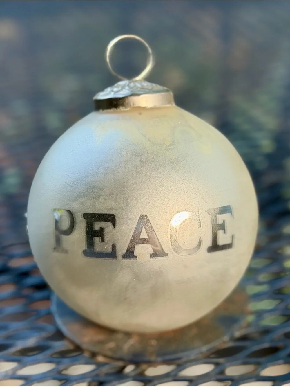 Vintage PEACE Holiday Glass Ornament - Silver White